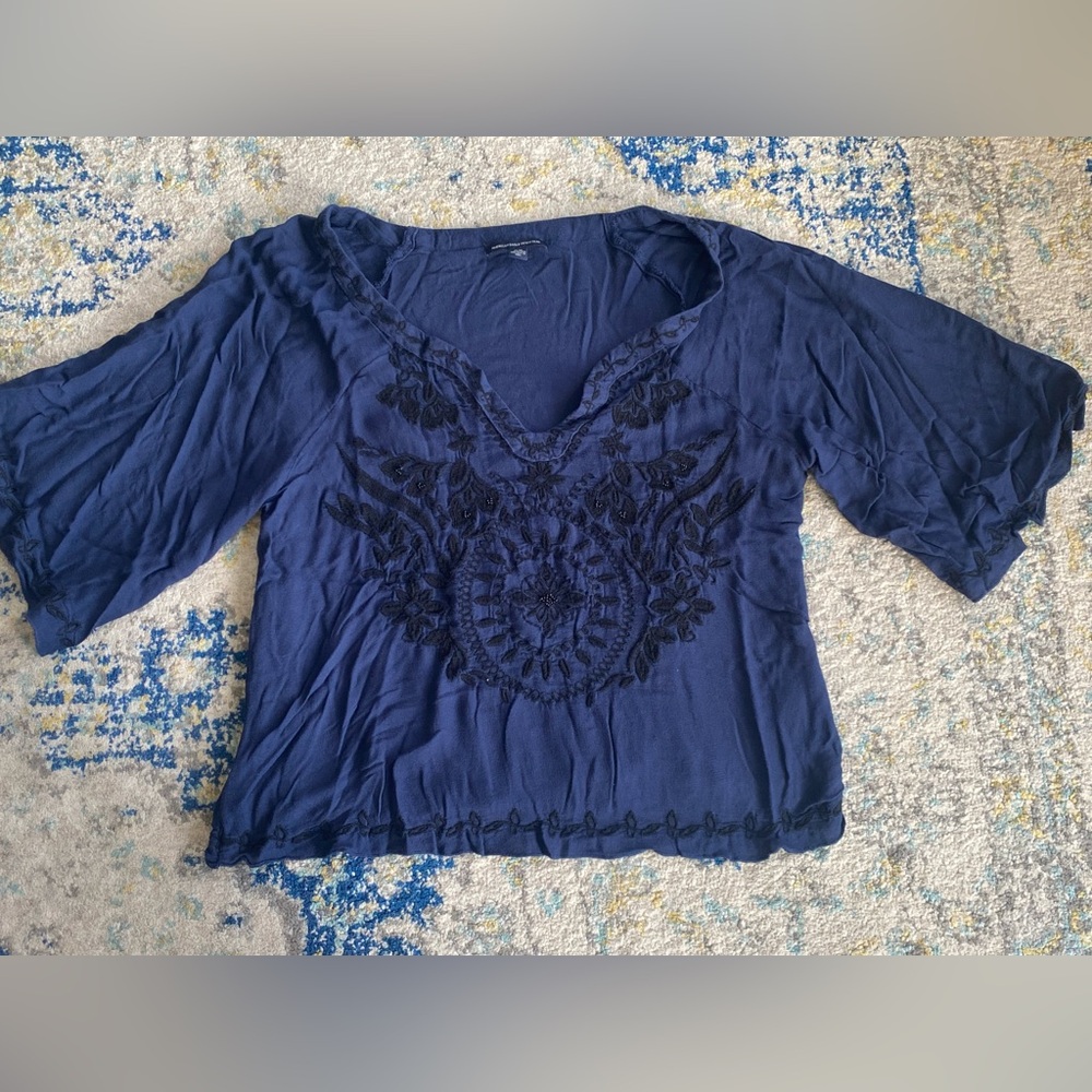 American Eagle Outfitters Deep Blue Embroidered Blouse